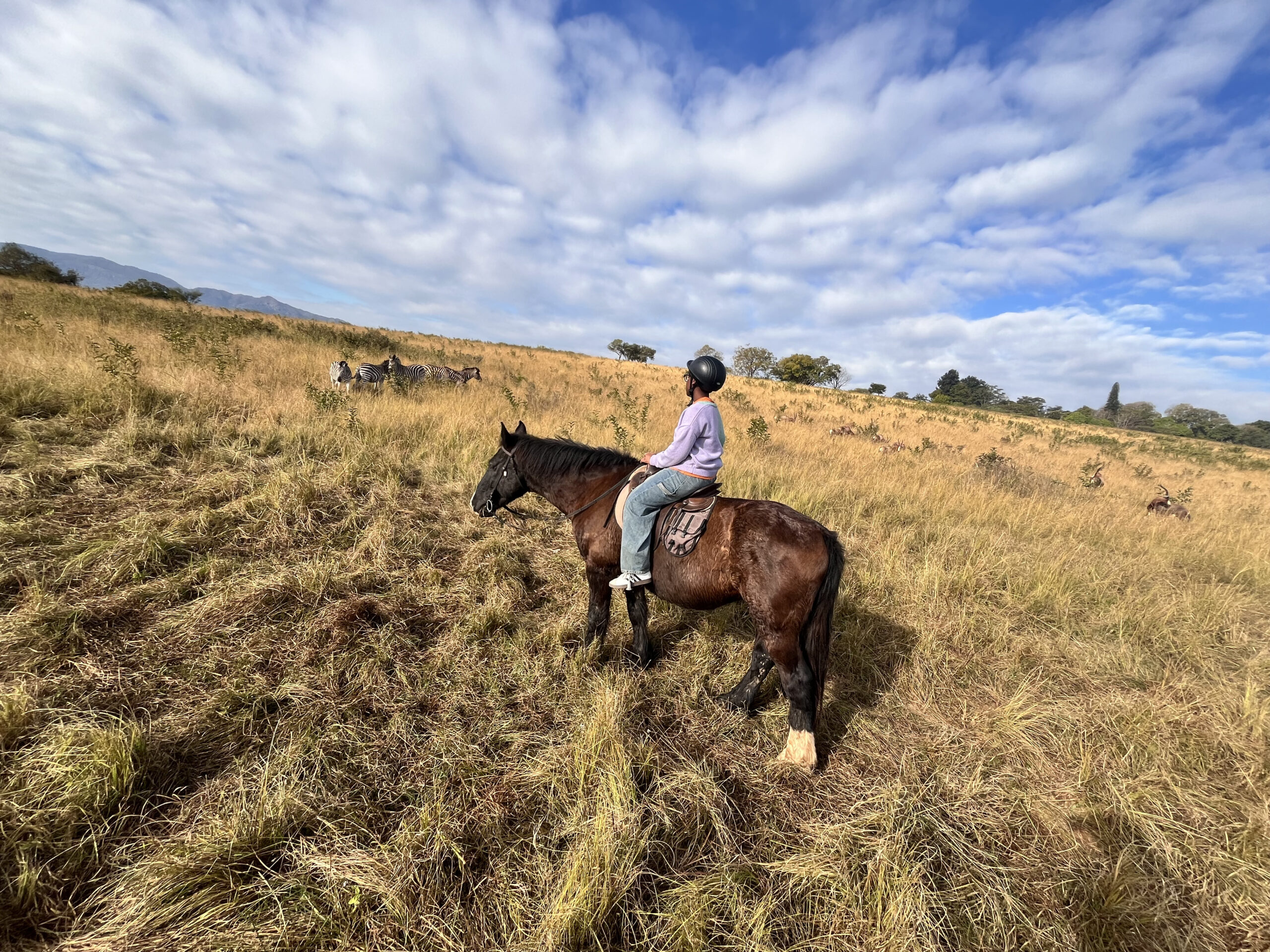 Hilda Najjumba horse riding near zebras in Eswatini